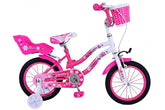 Lovely 14 inch meisjesfiets in roze wit met mandje, zijwieltjes, en veiligheidskenmerken